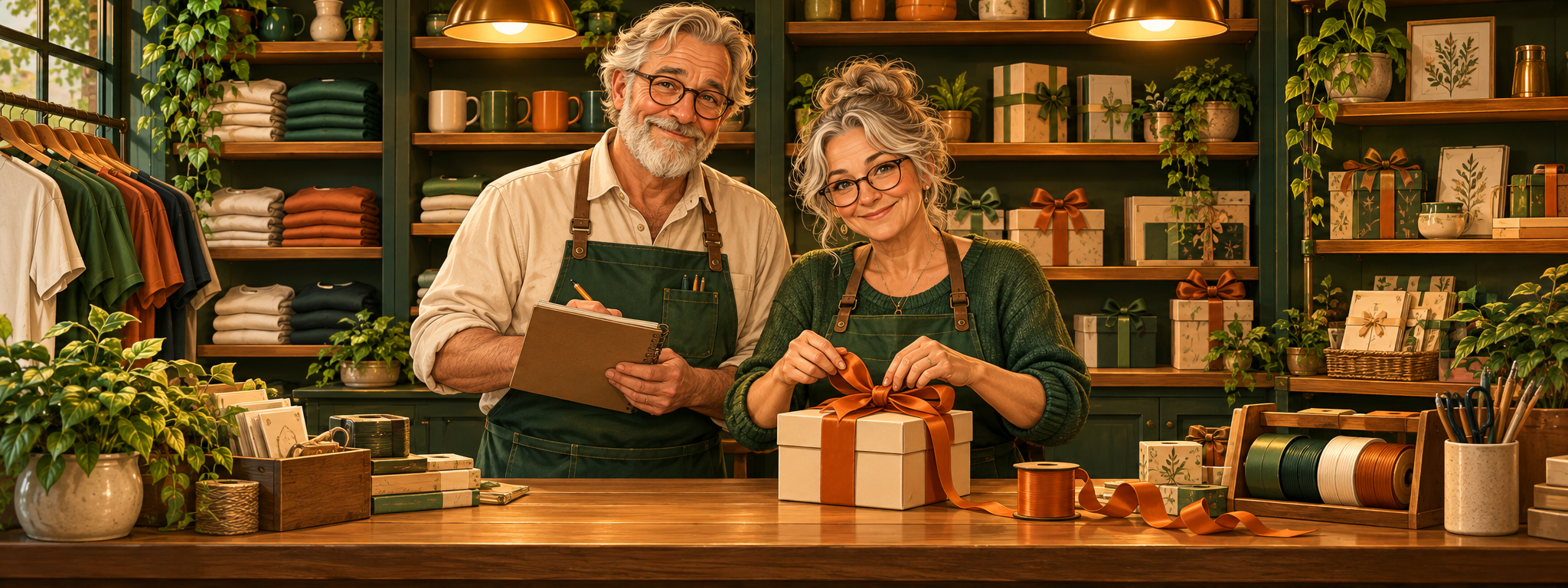 Aloysius and Evelyn, Giftwyck’s illustrated shopkeepers, wrapping a gift in their warm forest-green shop.